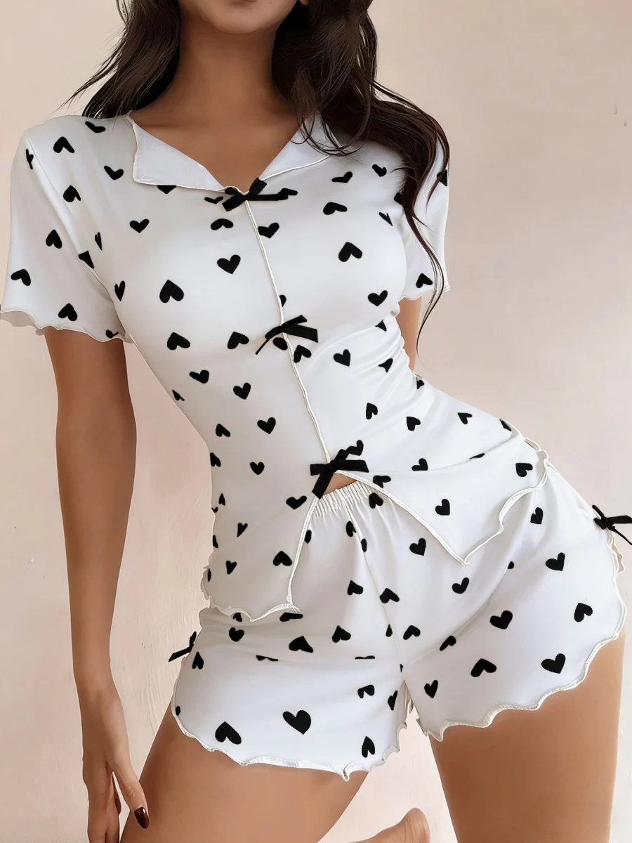 Heart-print Collared Short-sleeved Shirt And Shorts With Bow Tie - A Loungewear Set That Can Be Worn As Outerwear. - Image 13