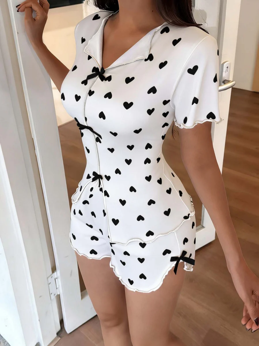 Heart-print Collared Short-sleeved Shirt And Shorts With Bow Tie - A Loungewear Set That Can Be Worn As Outerwear. - Image 17