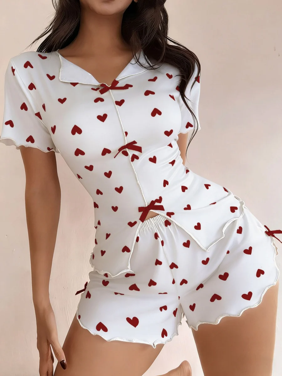 Heart-print Collared Short-sleeved Shirt And Shorts With Bow Tie - A Loungewear Set That Can Be Worn As Outerwear. - Image 18