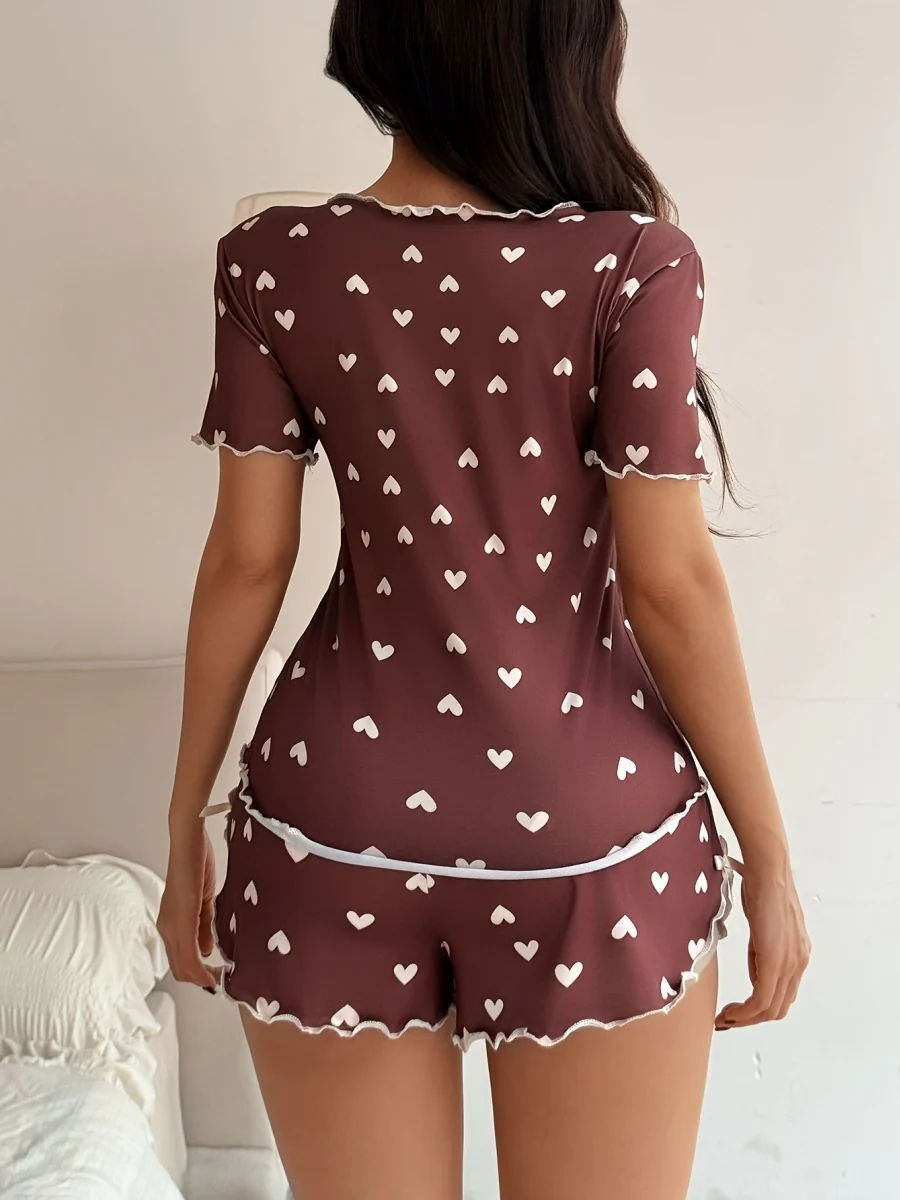 Heart-print Collared Short-sleeved Shirt And Shorts With Bow Tie - A Loungewear Set That Can Be Worn As Outerwear. - Image 2