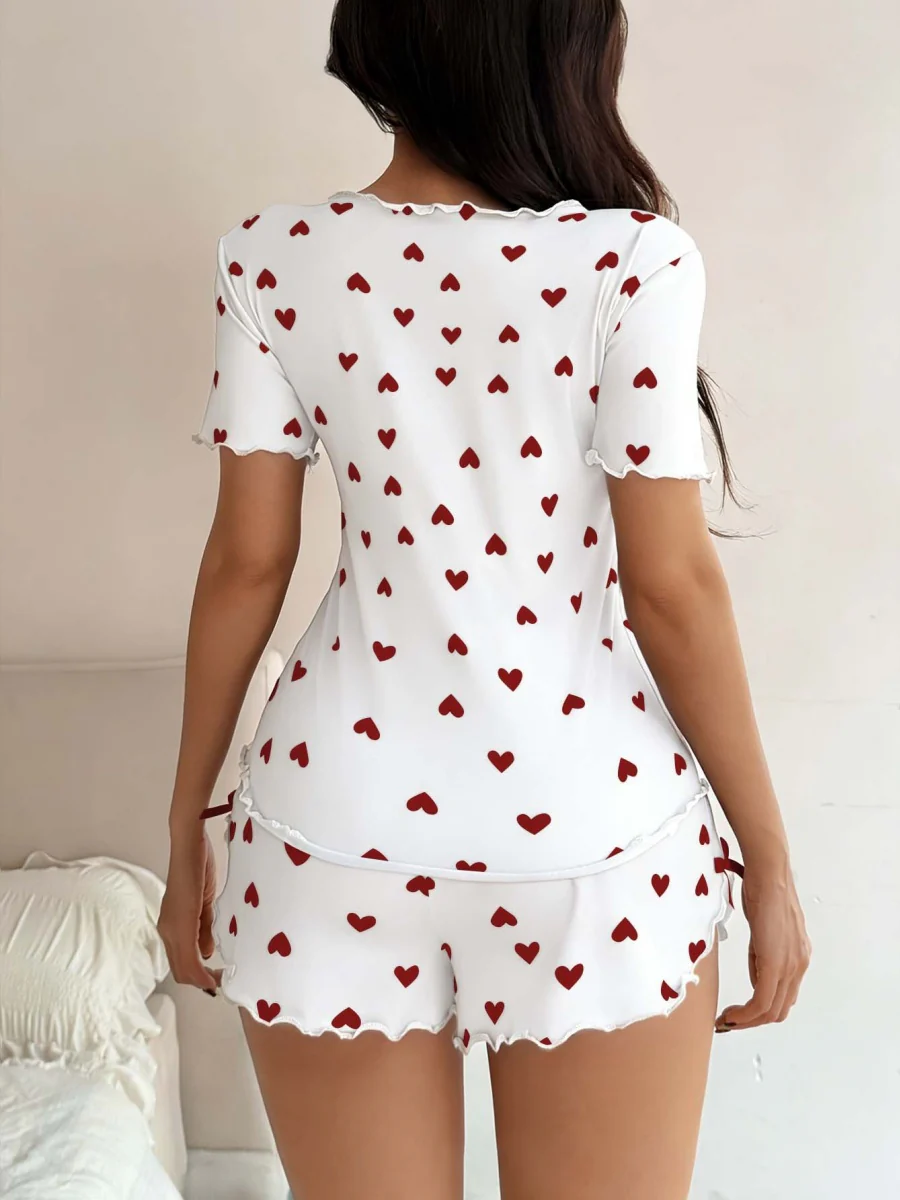Heart-print Collared Short-sleeved Shirt And Shorts With Bow Tie - A Loungewear Set That Can Be Worn As Outerwear. - Image 20