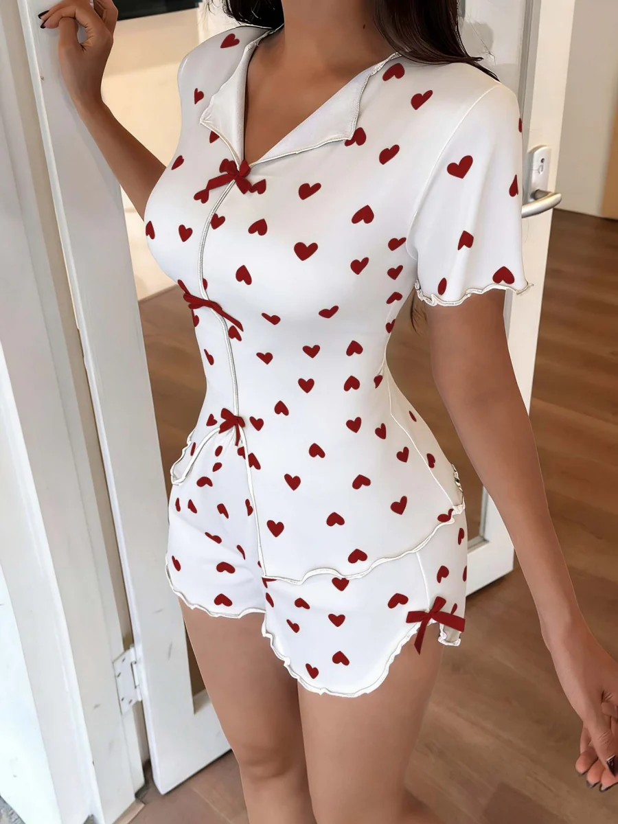 Heart-print Collared Short-sleeved Shirt And Shorts With Bow Tie - A Loungewear Set That Can Be Worn As Outerwear. - Image 22