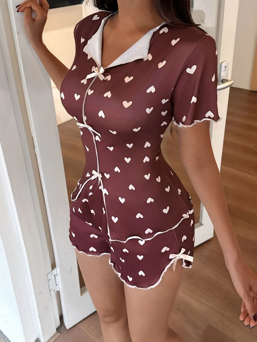 Heart-print Collared Short-sleeved Shirt And Shorts With Bow Tie - A Loungewear Set That Can Be Worn As Outerwear. - Image 5
