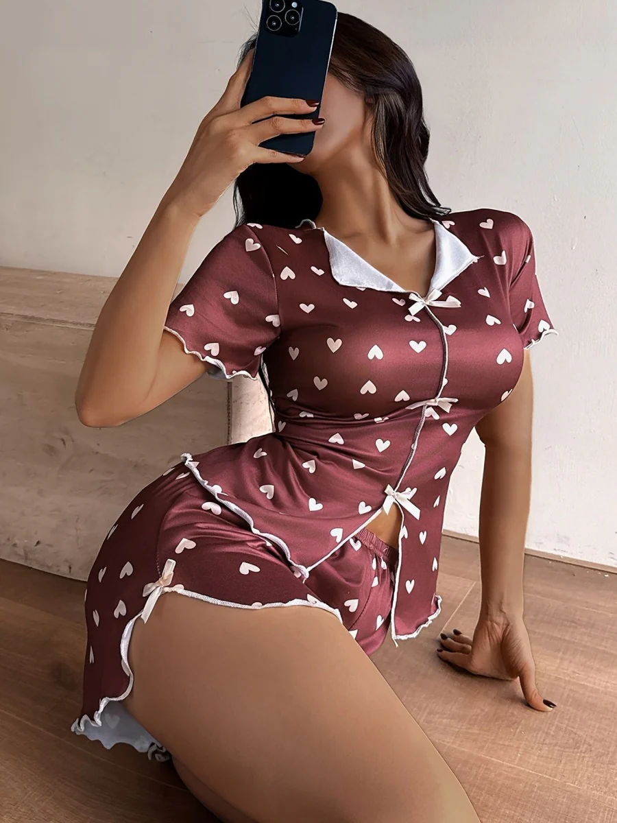 Heart-print Collared Short-sleeved Shirt And Shorts With Bow Tie - A Loungewear Set That Can Be Worn As Outerwear. - Image 6
