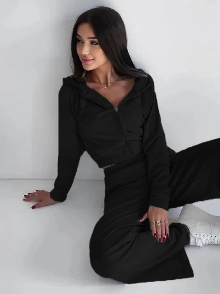 Liber Autumn women's clothing zipper Hooded long-sleeved cardigan two-piece set - Image 16