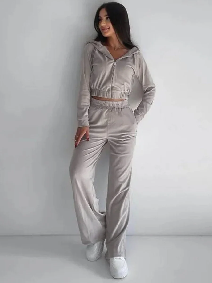 Liber Autumn women's clothing zipper Hooded long-sleeved cardigan two-piece set - Image 2