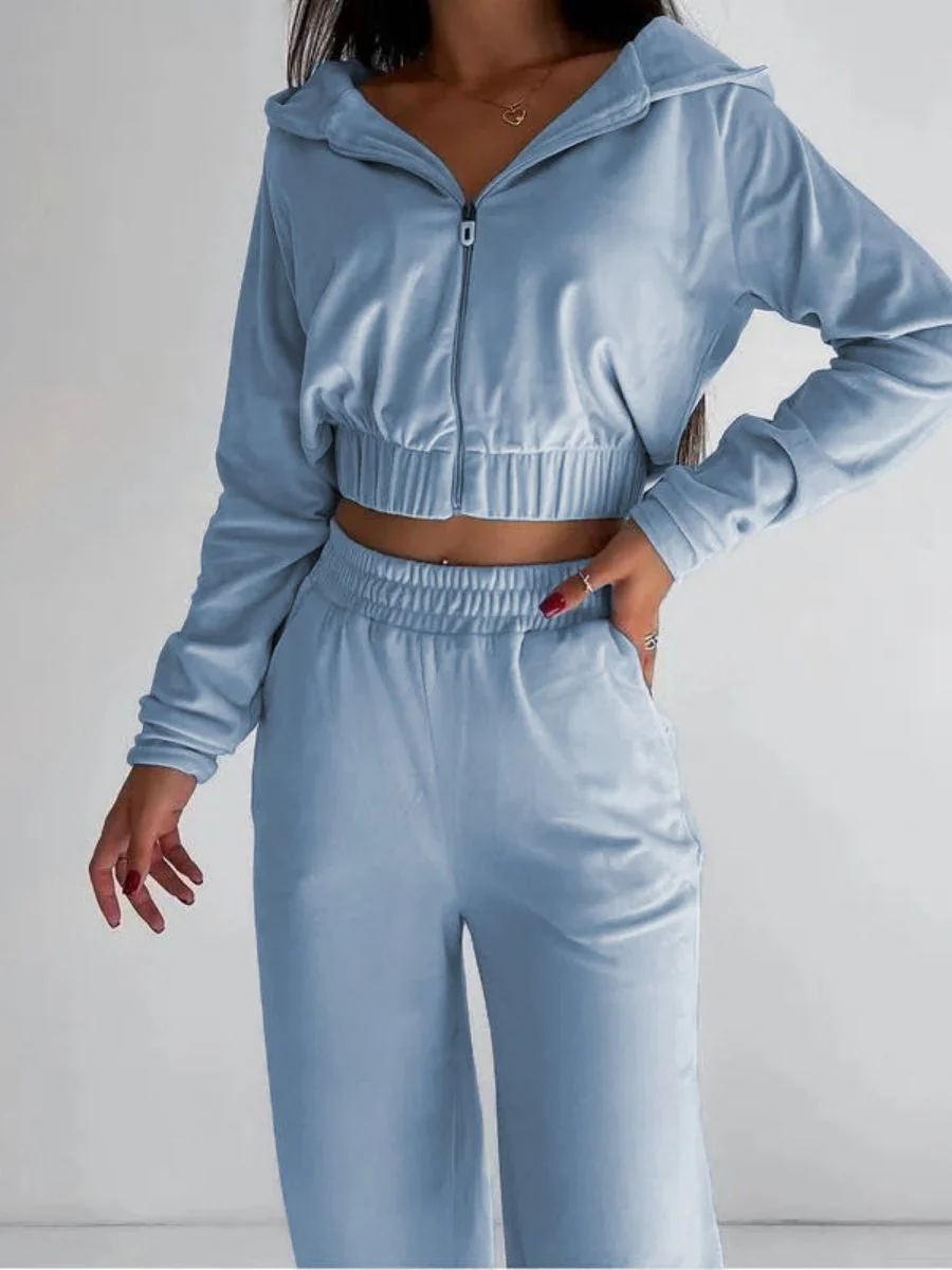 Liber Autumn women's clothing zipper Hooded long-sleeved cardigan two-piece set - Image 4