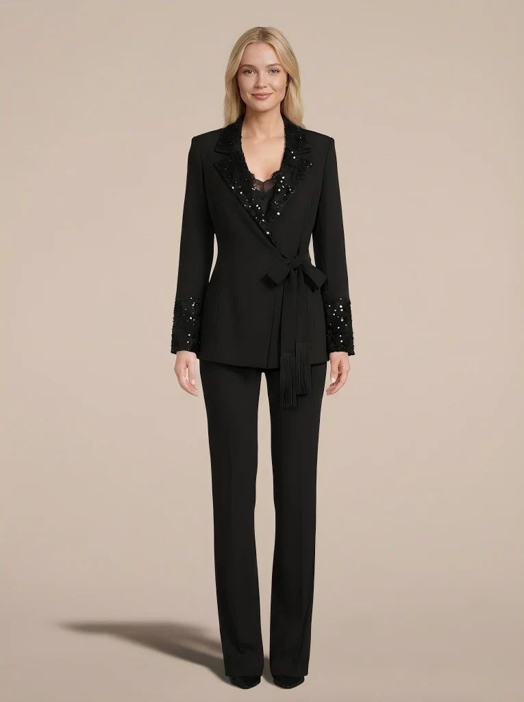 Black V-neck Sequins Lace Up Solid Color Two-piece Suit
