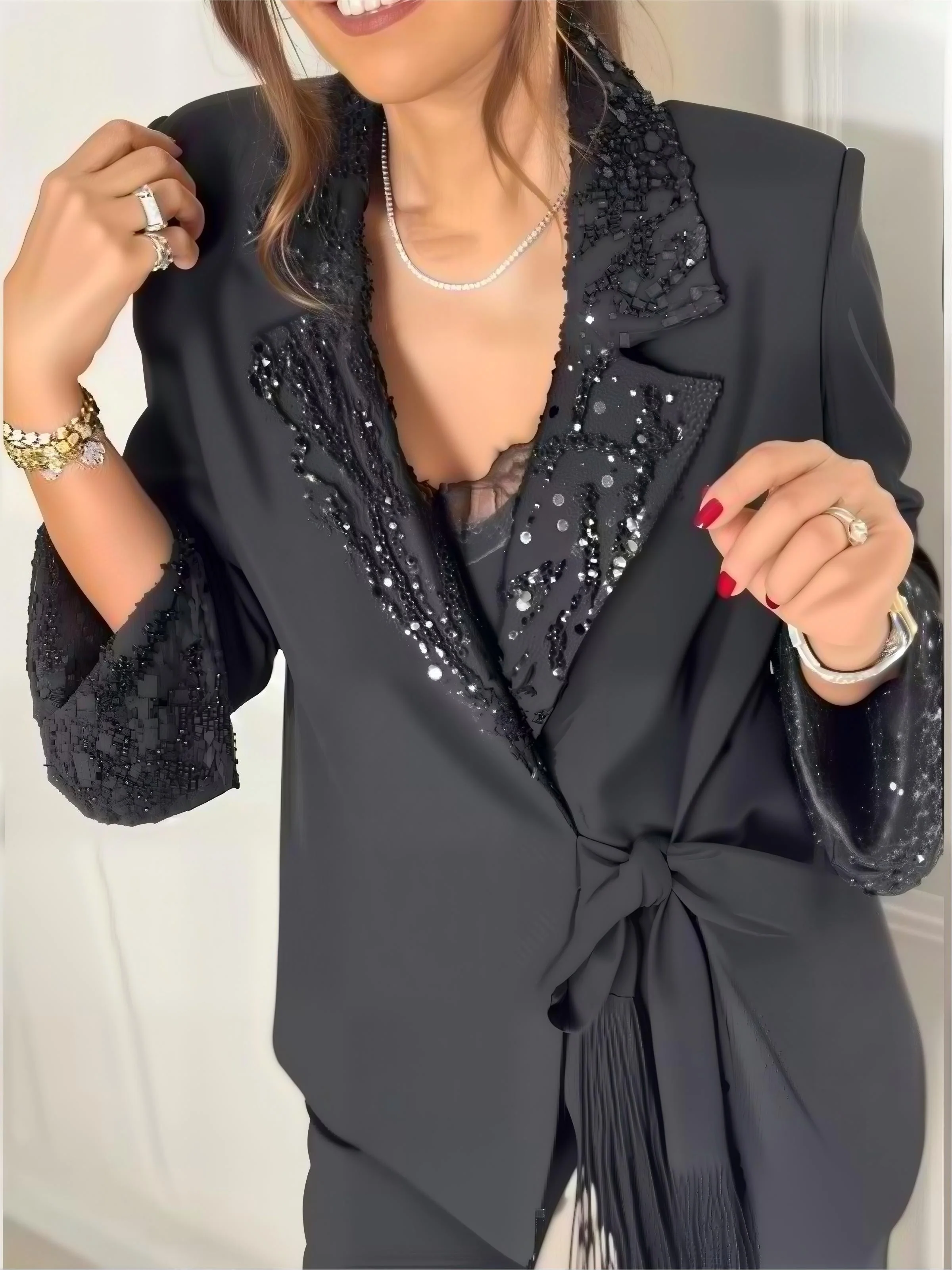 Black V-neck Sequins Lace Up Solid Color Two-piece Suit - Image 2