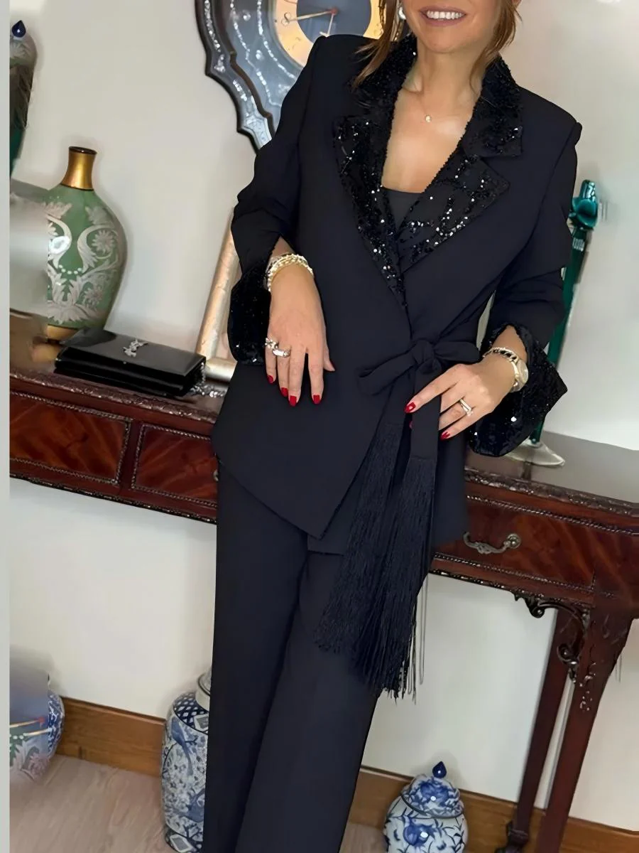 Black V-neck Sequins Lace Up Solid Color Two-piece Suit - Image 3