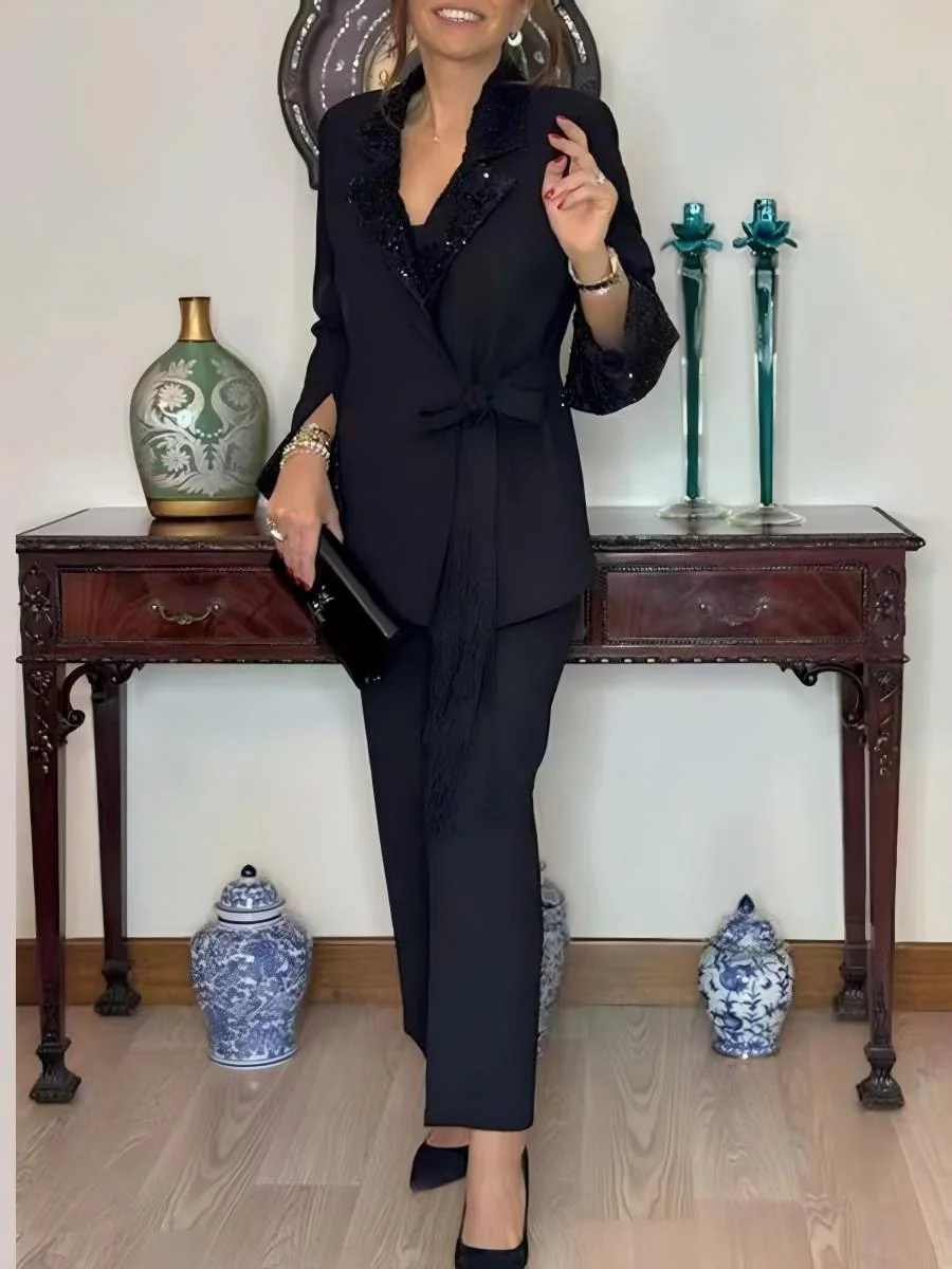 Black V-neck Sequins Lace Up Solid Color Two-piece Suit - Image 4