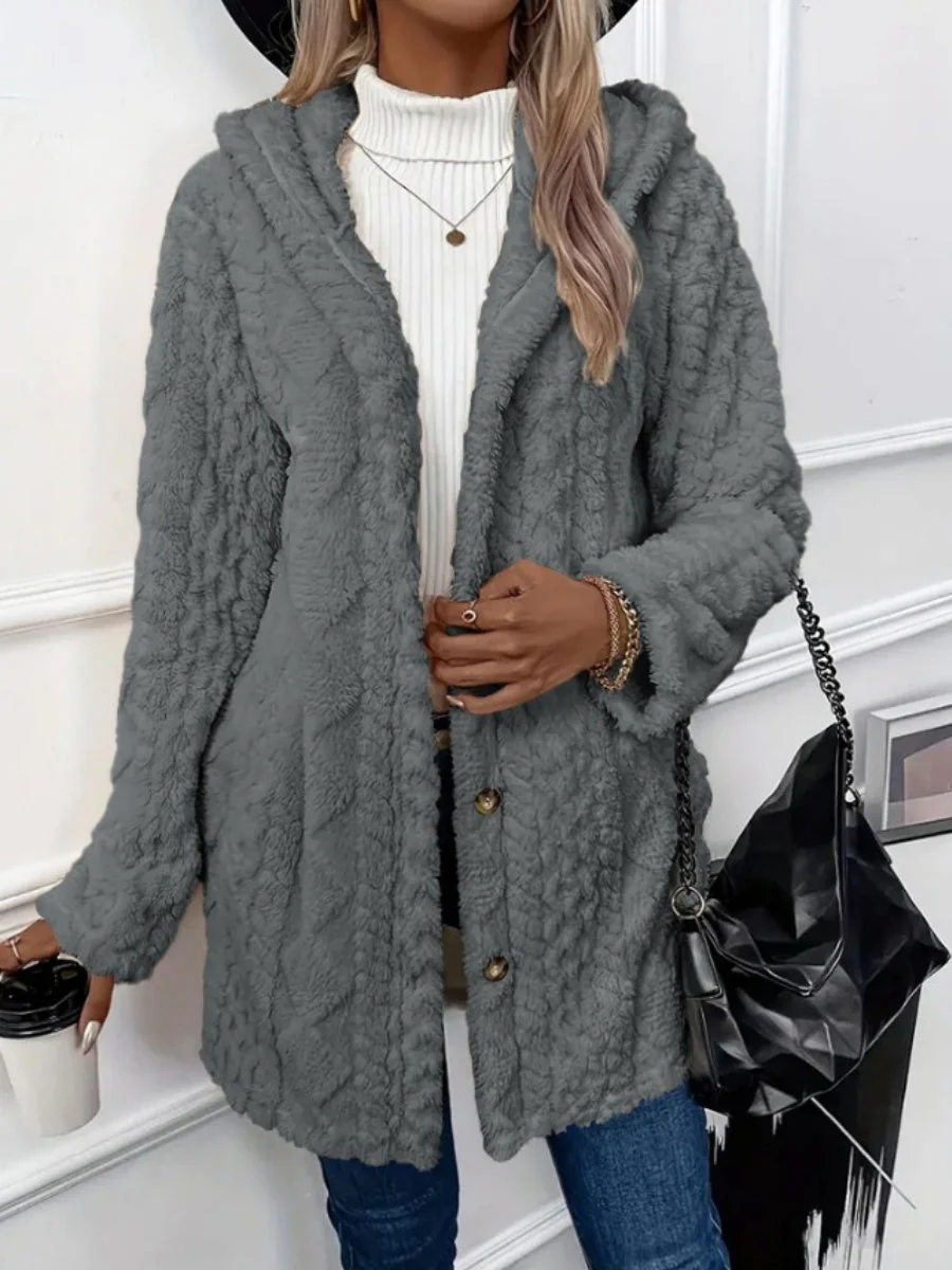 Hooded Solid Color Cardigan Button Long Sleeve Casual 3D Pattern Jackets - Image 10