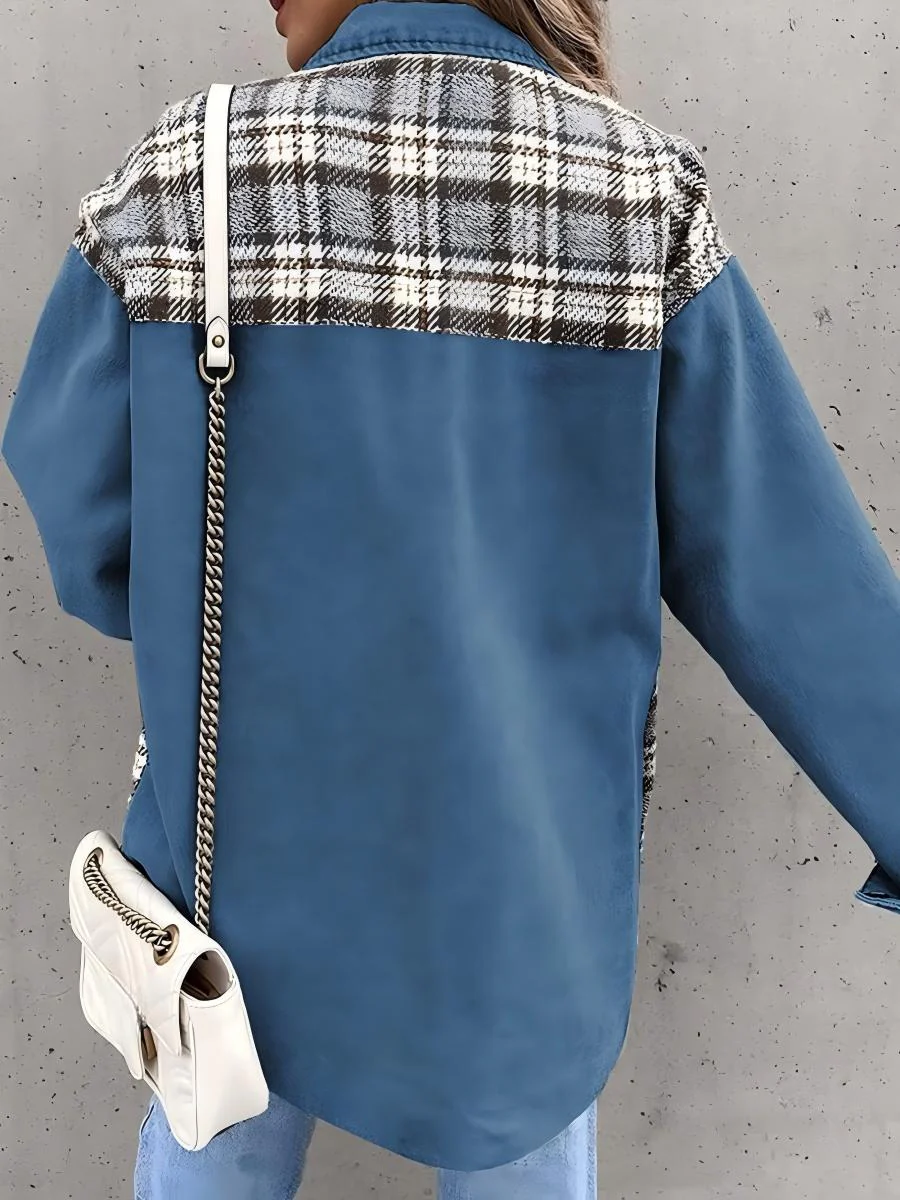 Long Sleeve Plaid Splicing Fasten Denim Jackets - Image 11