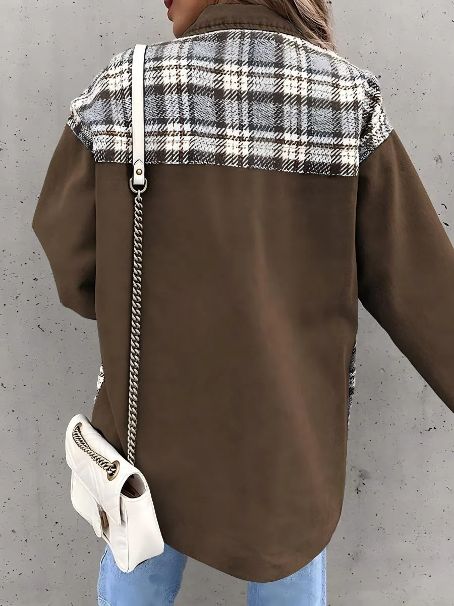 Long Sleeve Plaid Splicing Fasten Denim Jackets - Image 5