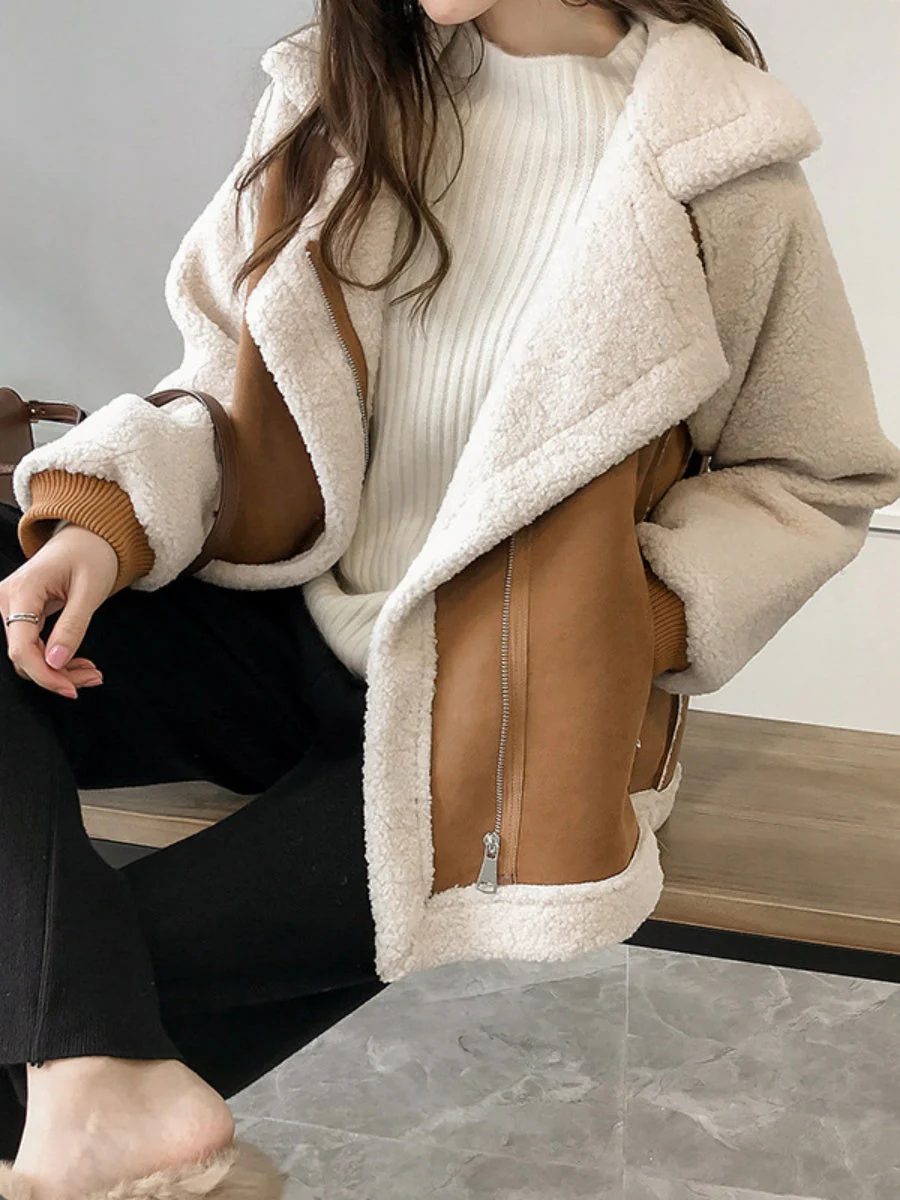 Loose-fitting Suede Fur Short Lambswool Cotton Coat
