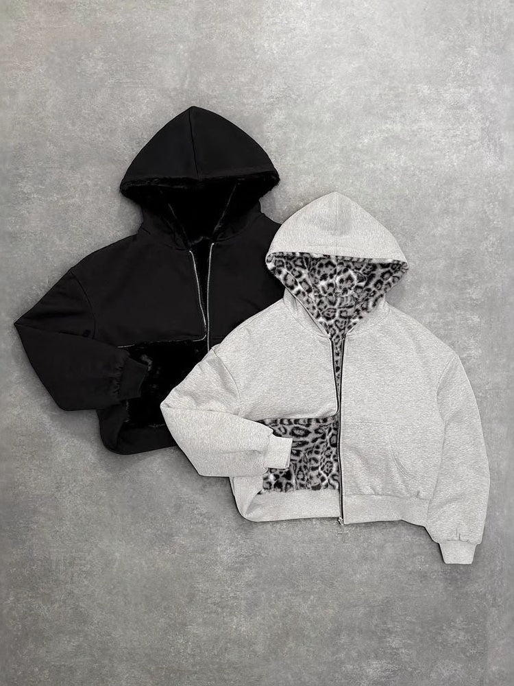Reversible Leopard Print Lightweight Fleece Hoodie Jacket - Image 3