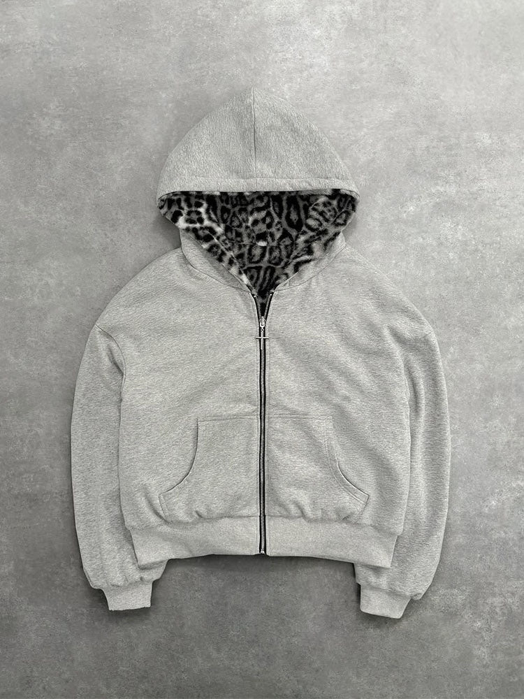 Reversible Leopard Print Lightweight Fleece Hoodie Jacket - Image 9