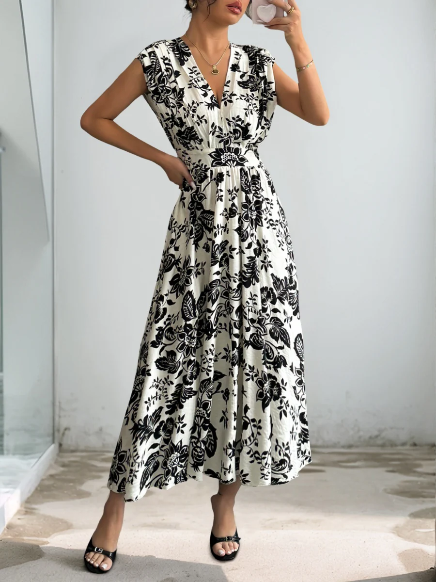 Printed V-neck Vacation Leisure Maxi Dresses - Image 3