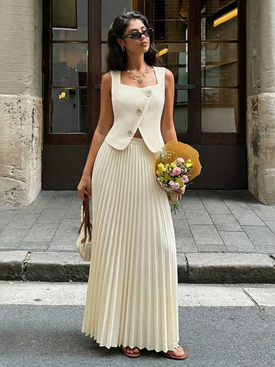 Pleated Long Skirt Square Neck Top Elegant Suit 2-piece Sets - Image 2