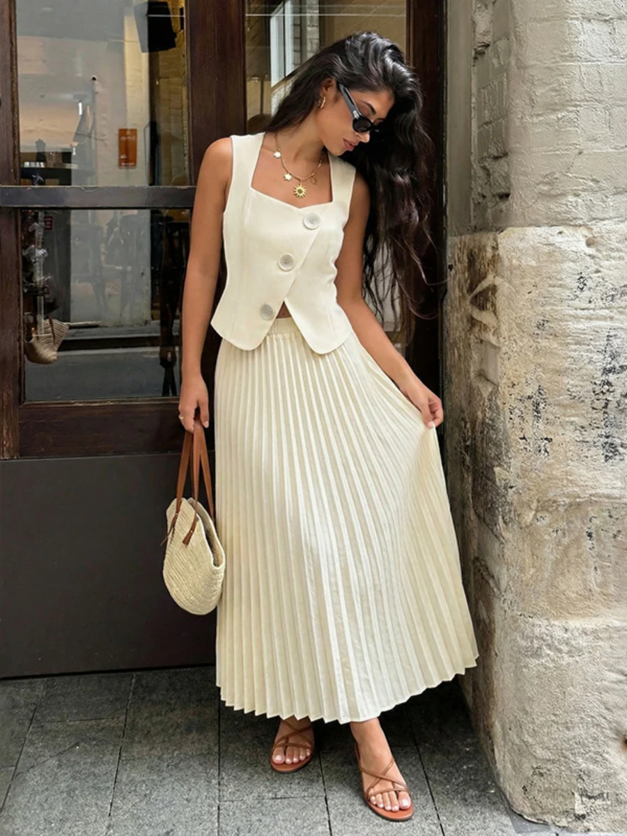 Pleated Long Skirt Square Neck Top Elegant Suit 2-piece Sets - Image 3