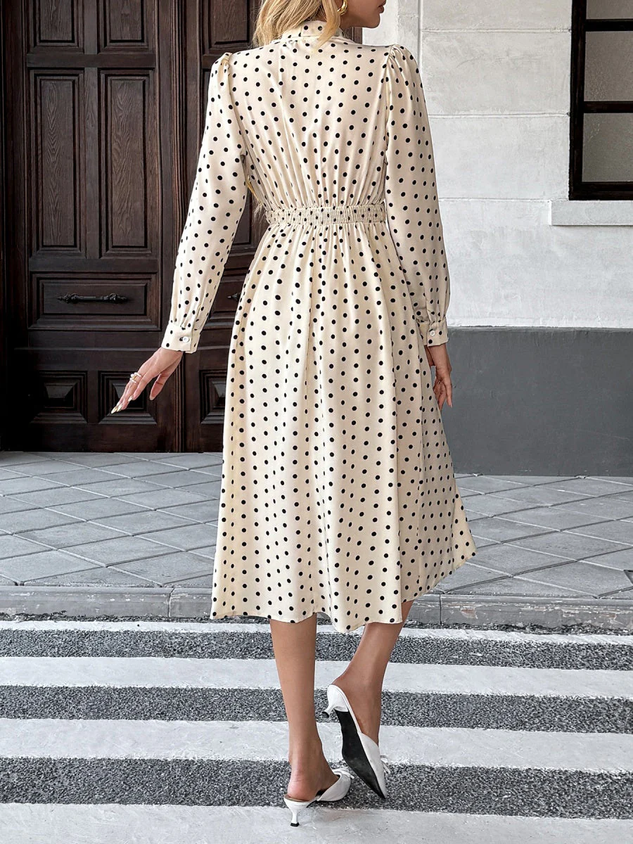 Bow Tie Collar Long Sleeve Waist Polka Dots Midi Dresses - Image 2
