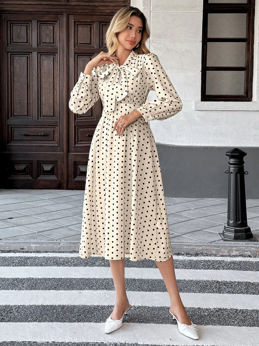 Bow Tie Collar Long Sleeve Waist Polka Dots Midi Dresses - Image 4
