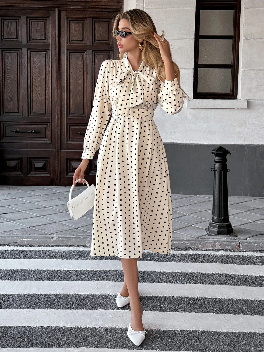 Bow Tie Collar Long Sleeve Waist Polka Dots Midi Dresses - Image 5