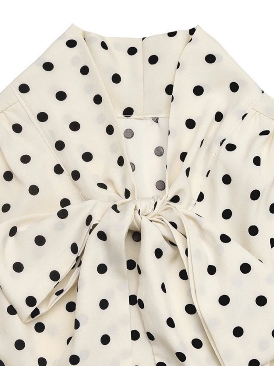 Bow Tie Collar Long Sleeve Waist Polka Dots Midi Dresses - Image 7