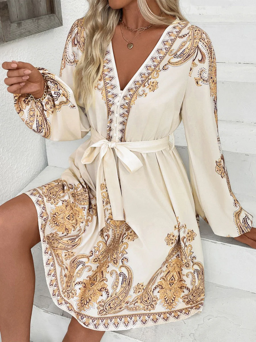 Printed Long Sleeve Mini&Short Dresses