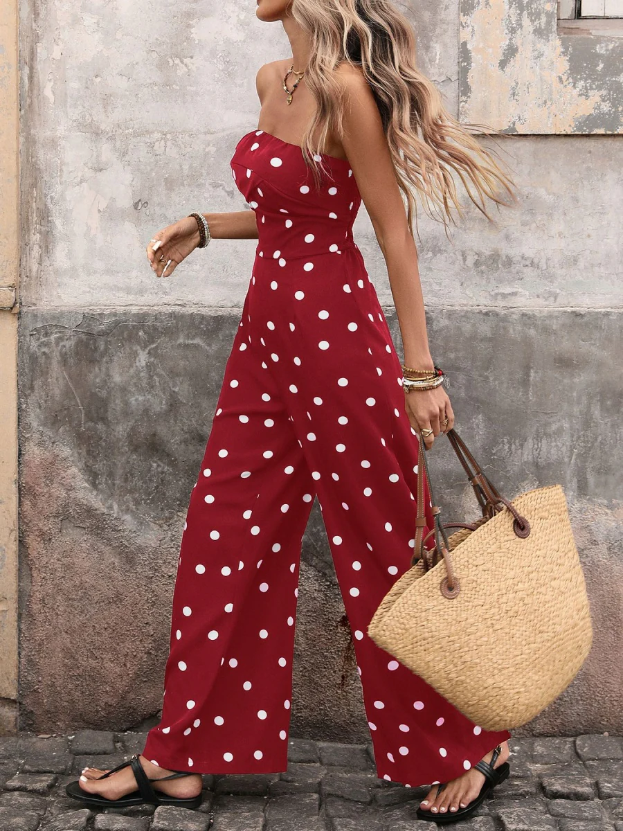 Retro Polka Dots High-waisted Wide-leg Pants Vacation Jumpsuits - Image 10
