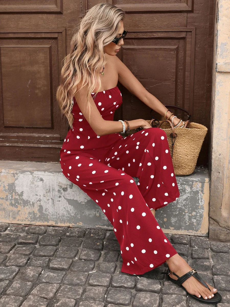 Retro Polka Dots High-waisted Wide-leg Pants Vacation Jumpsuits - Image 11