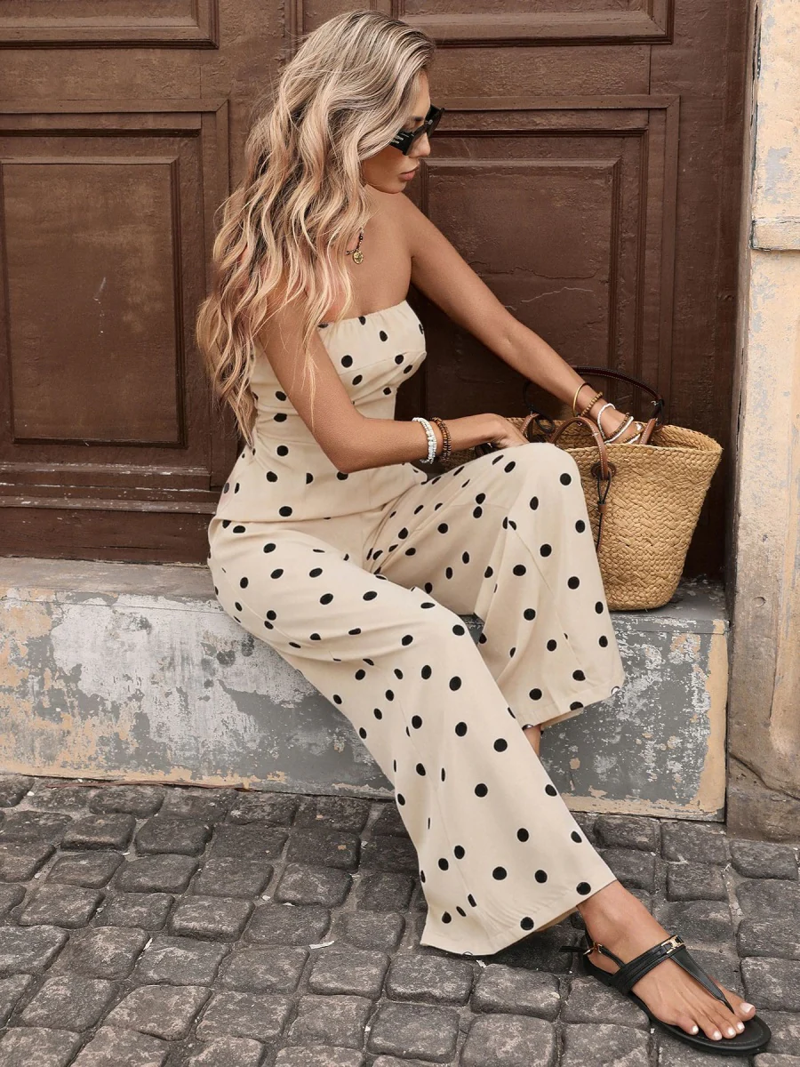 Retro Polka Dots High-waisted Wide-leg Pants Vacation Jumpsuits - Image 17