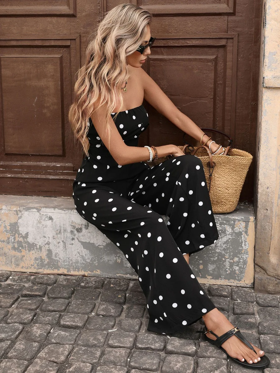 Retro Polka Dots High-waisted Wide-leg Pants Vacation Jumpsuits - Image 5