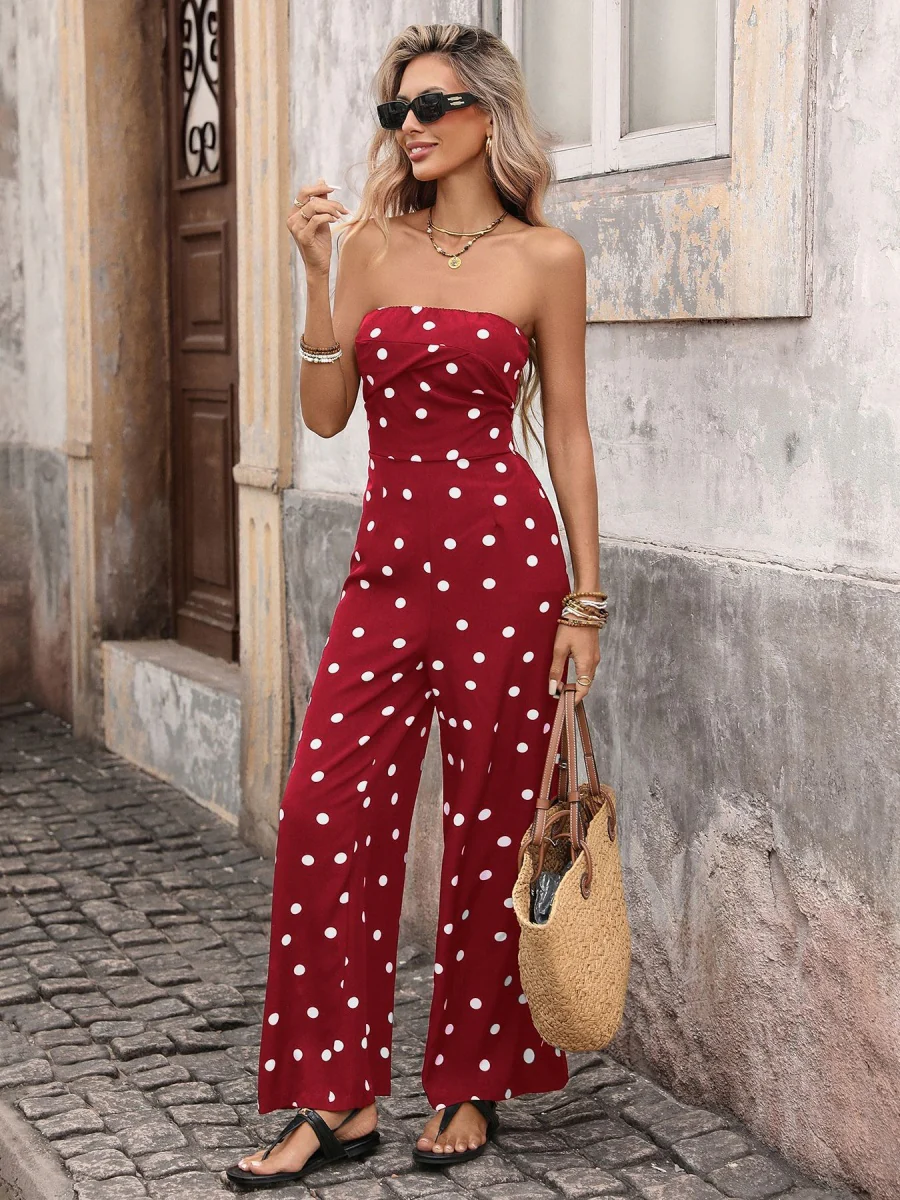 Retro Polka Dots High-waisted Wide-leg Pants Vacation Jumpsuits - Image 7