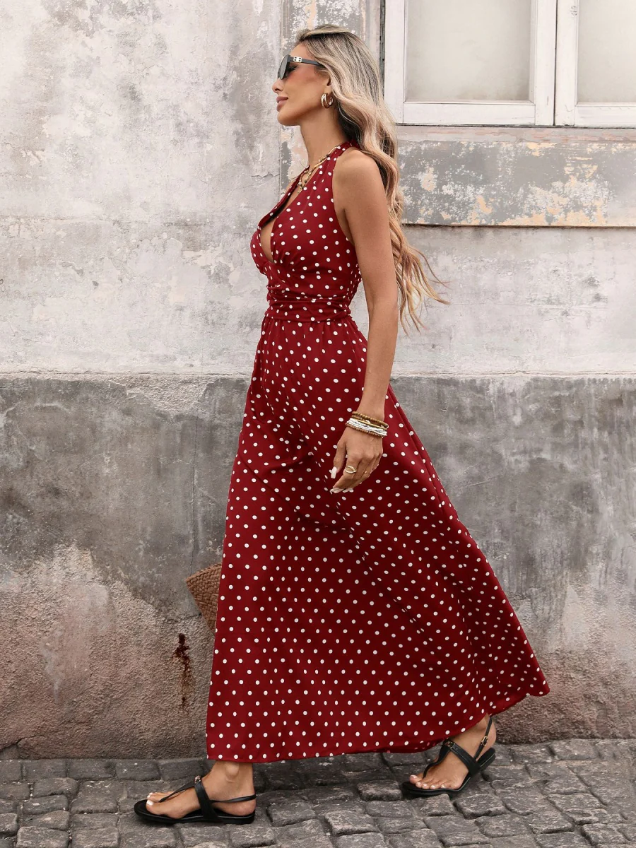 Halter V-neck Polka Dots Vacation Retro Maxi Dresses - Image 19