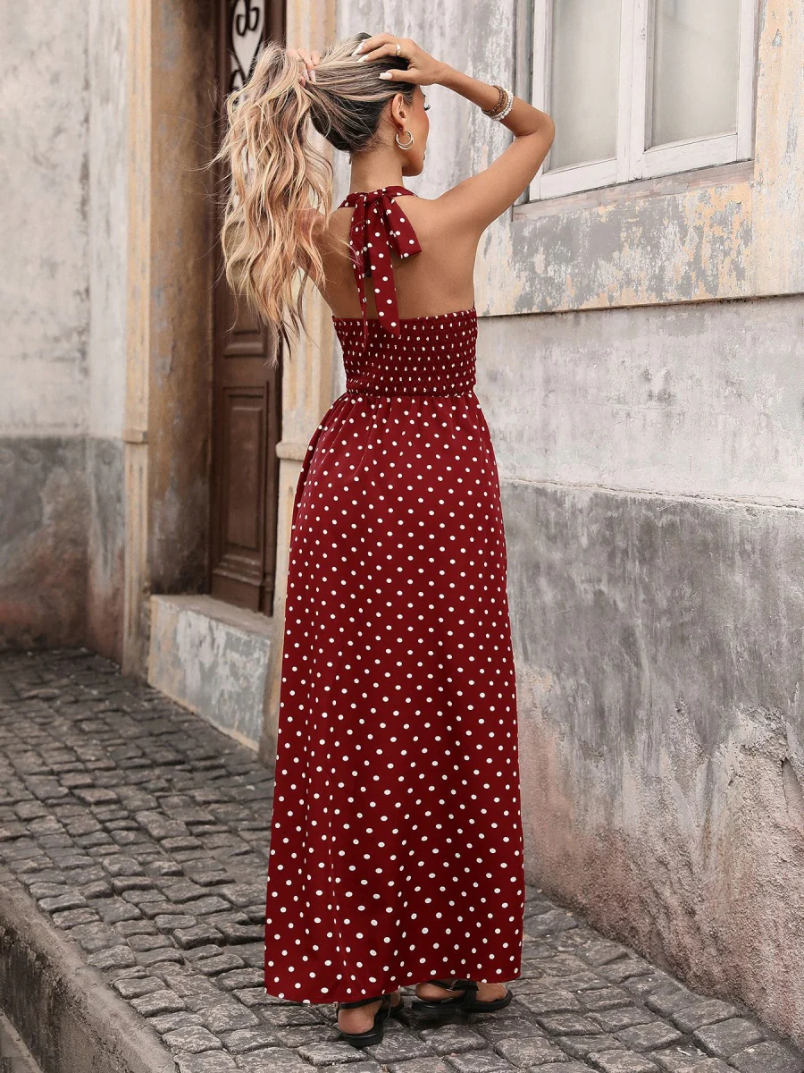 Halter V-neck Polka Dots Vacation Retro Maxi Dresses - Image 22