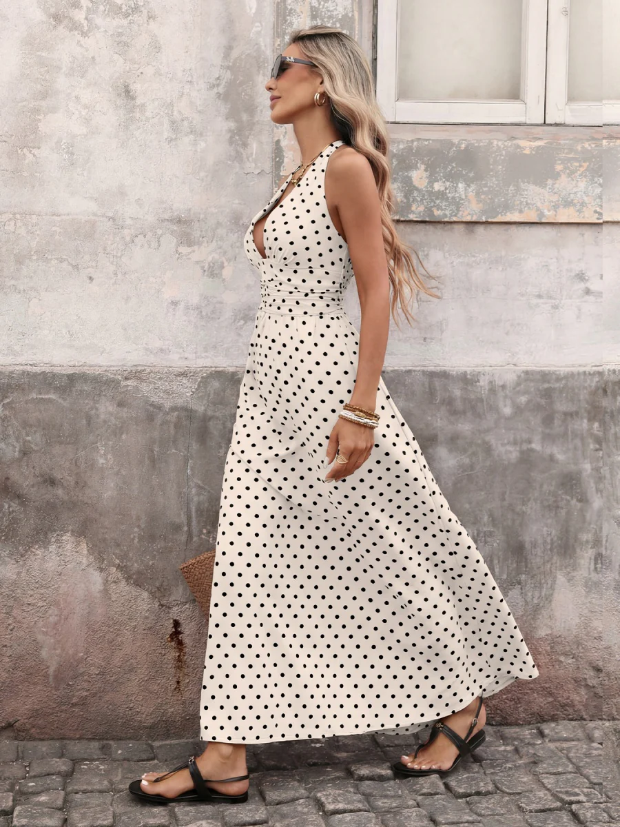 Halter V-neck Polka Dots Vacation Retro Maxi Dresses - Image 27