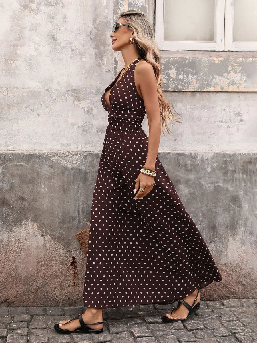 Halter V-neck Polka Dots Vacation Retro Maxi Dresses - Image 3
