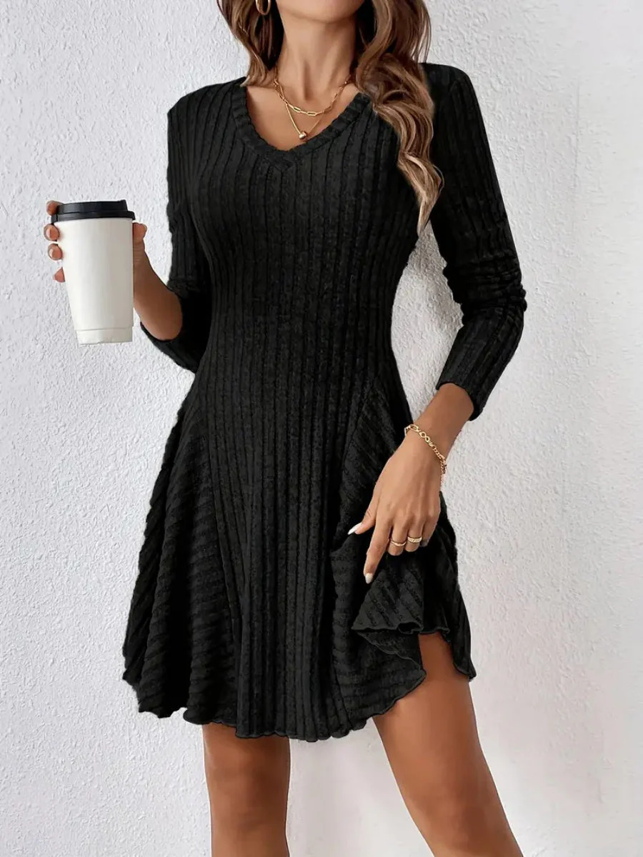 Pit Strip Knitting V-neck Long Sleeve Long Skirt Mini&Short Dresses - Image 11