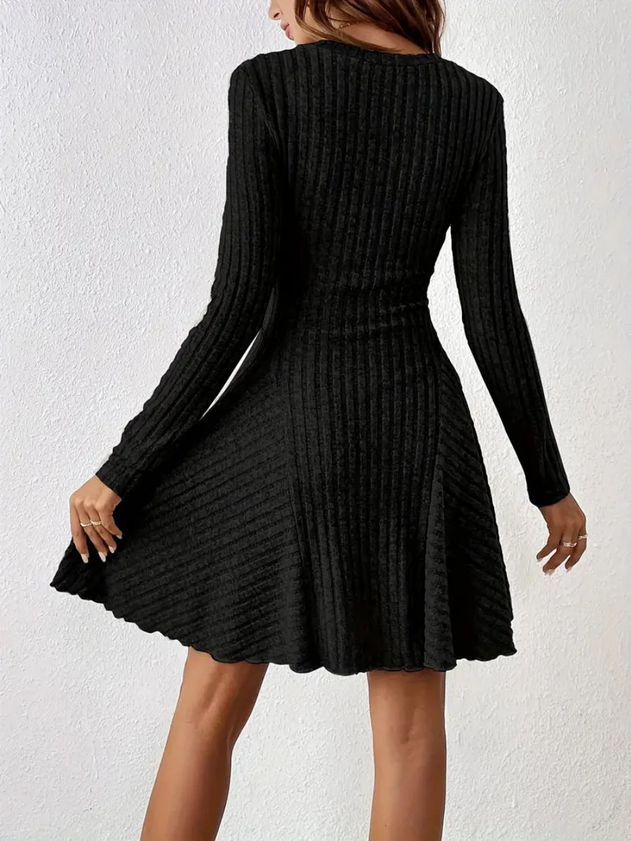 Pit Strip Knitting V-neck Long Sleeve Long Skirt Mini&Short Dresses - Image 12
