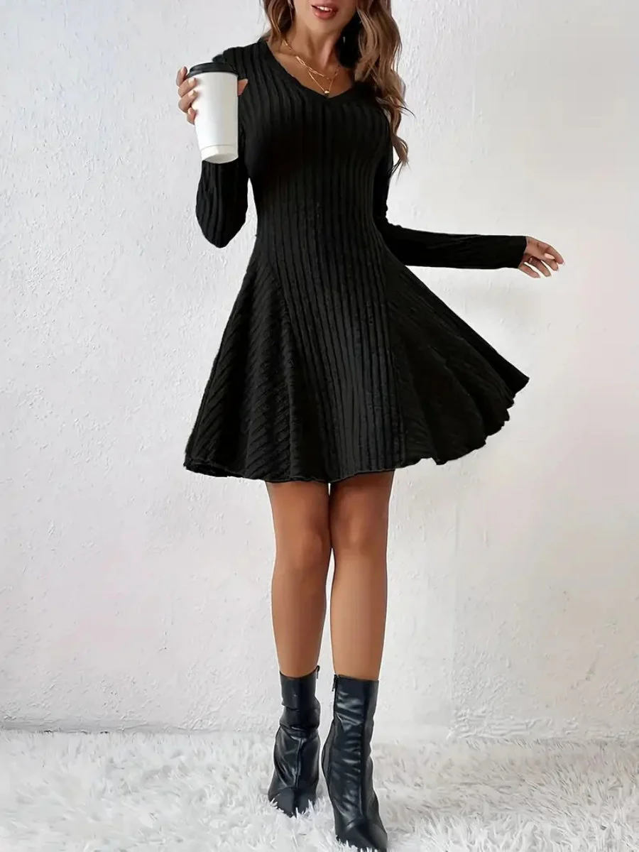 Pit Strip Knitting V-neck Long Sleeve Long Skirt Mini&Short Dresses - Image 13