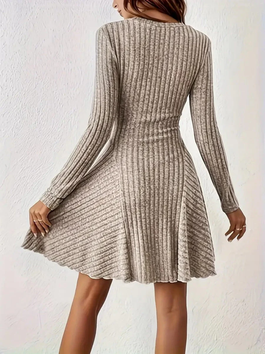Pit Strip Knitting V-neck Long Sleeve Long Skirt Mini&Short Dresses - Image 17