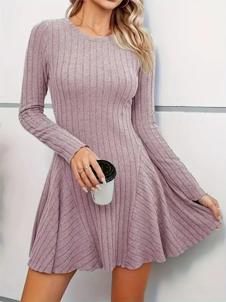 Pit Strip Knitting V-neck Long Sleeve Long Skirt Mini&Short Dresses - Image 3