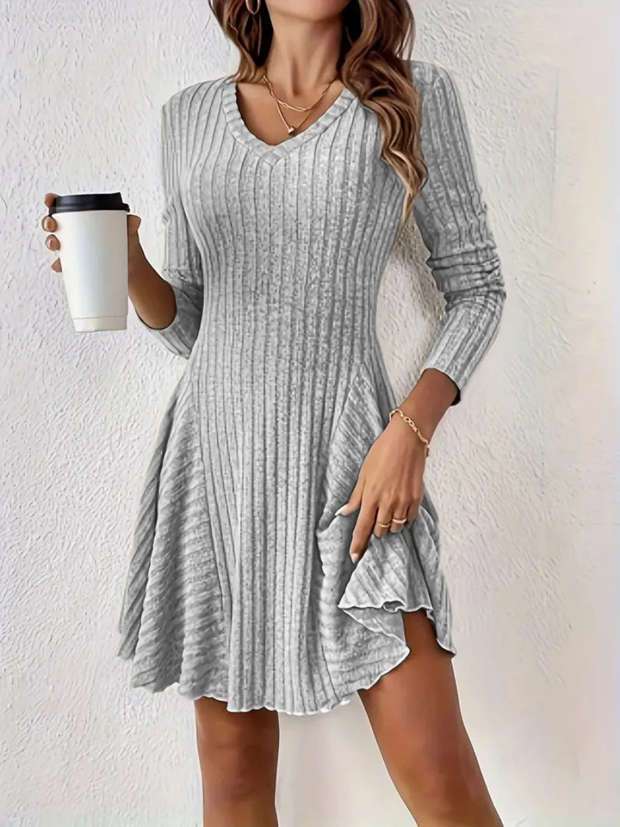 Pit Strip Knitting V-neck Long Sleeve Long Skirt Mini&Short Dresses - Image 4