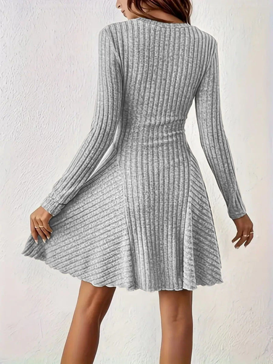 Pit Strip Knitting V-neck Long Sleeve Long Skirt Mini&Short Dresses - Image 5