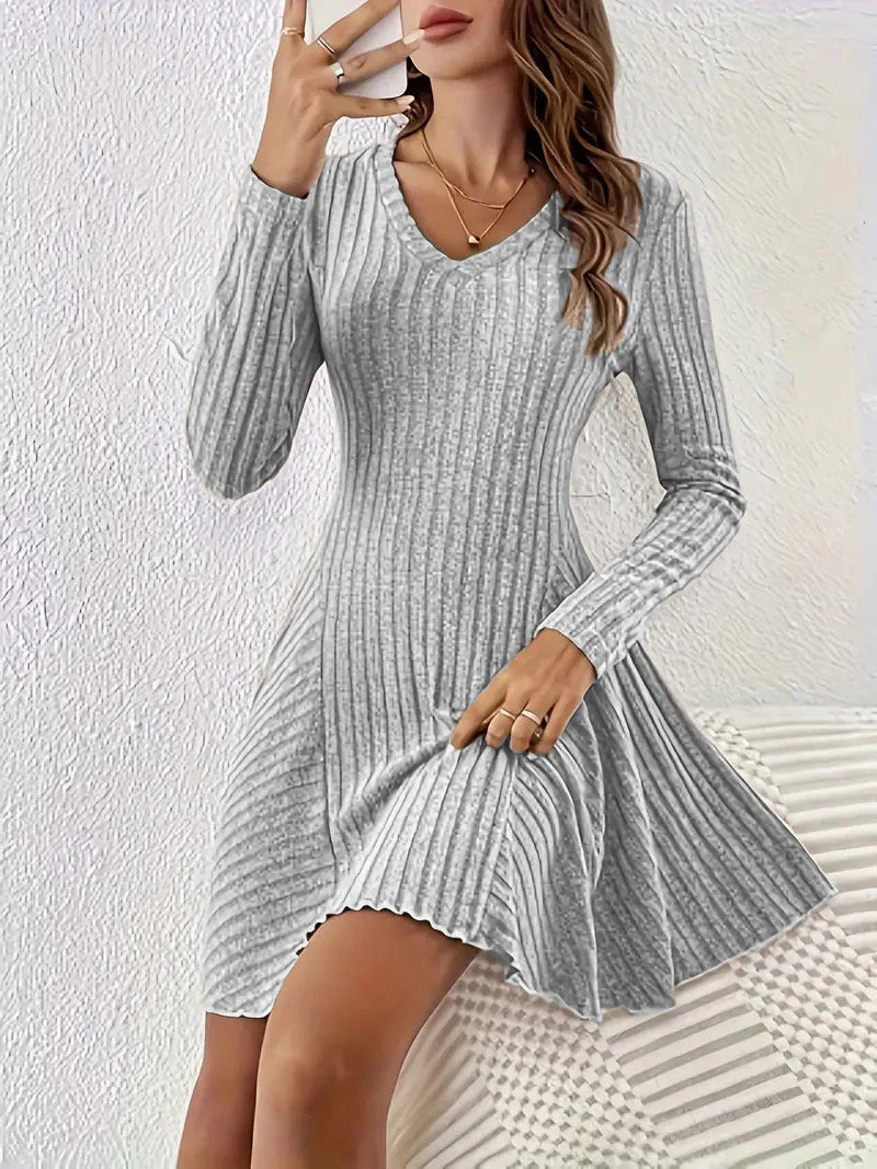 Pit Strip Knitting V-neck Long Sleeve Long Skirt Mini&Short Dresses - Image 6