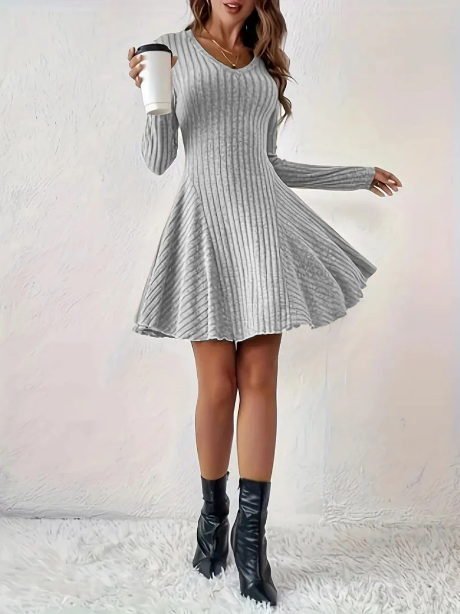 Pit Strip Knitting V-neck Long Sleeve Long Skirt Mini&Short Dresses - Image 7