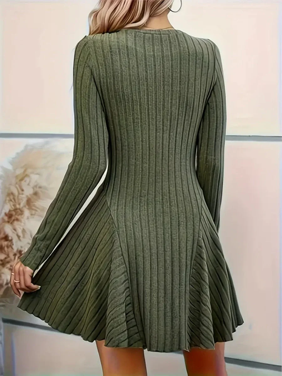 Pit Strip Knitting V-neck Long Sleeve Long Skirt Mini&Short Dresses - Image 9