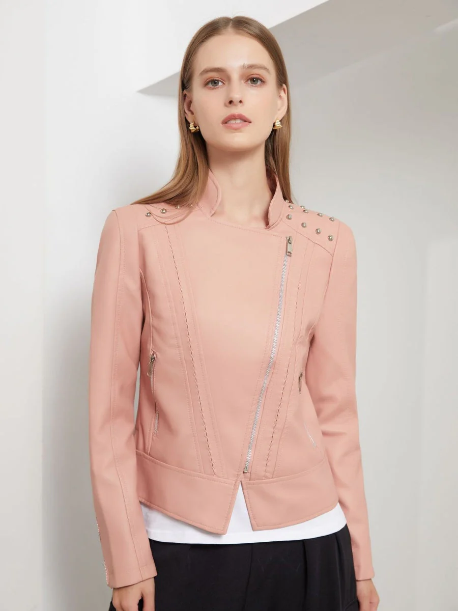Street Cool Slim Fit Beading Leather Jacket - Image 10