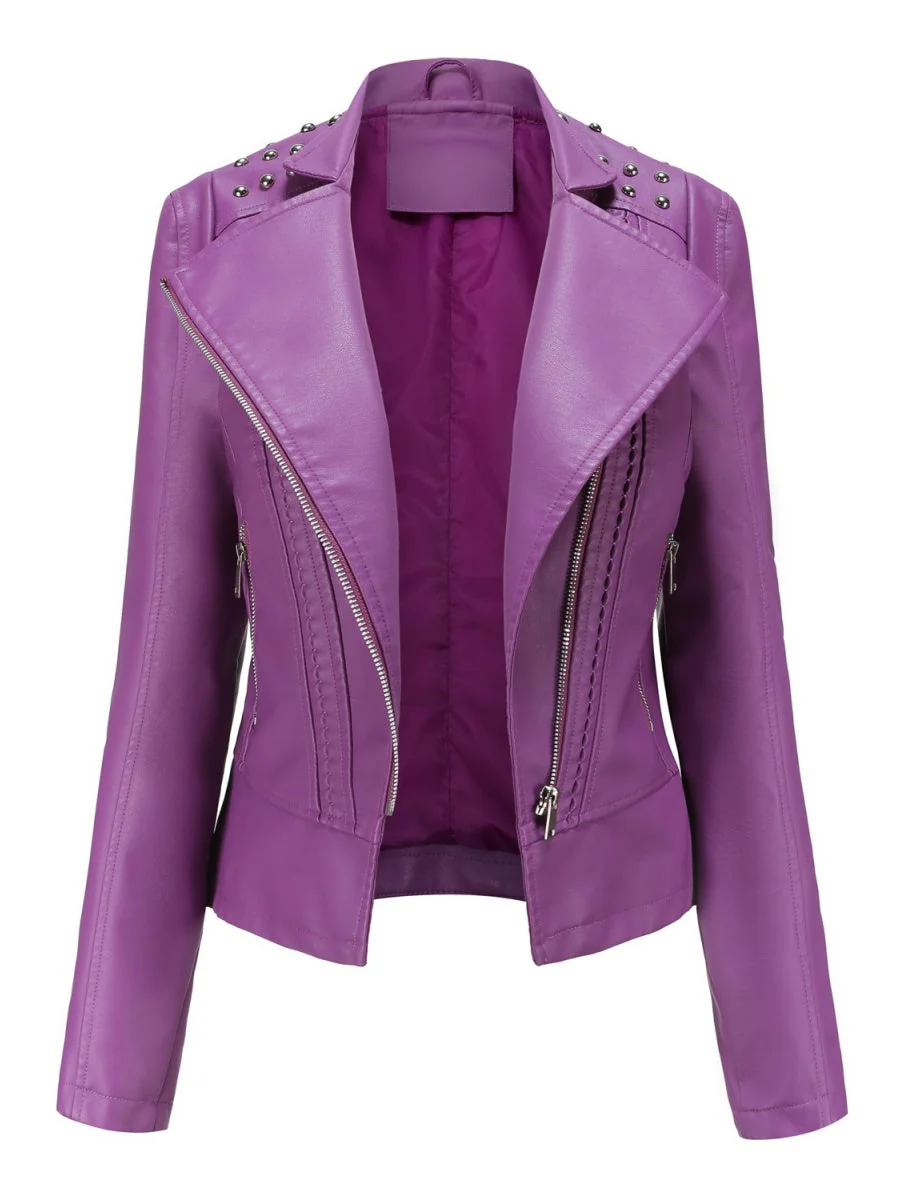 Street Cool Slim Fit Beading Leather Jacket - Image 12